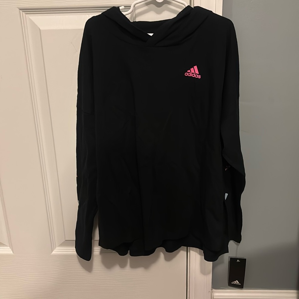 NWT Adidas lightweight black pullover hoodie multicolor print logo sleeve 10/12